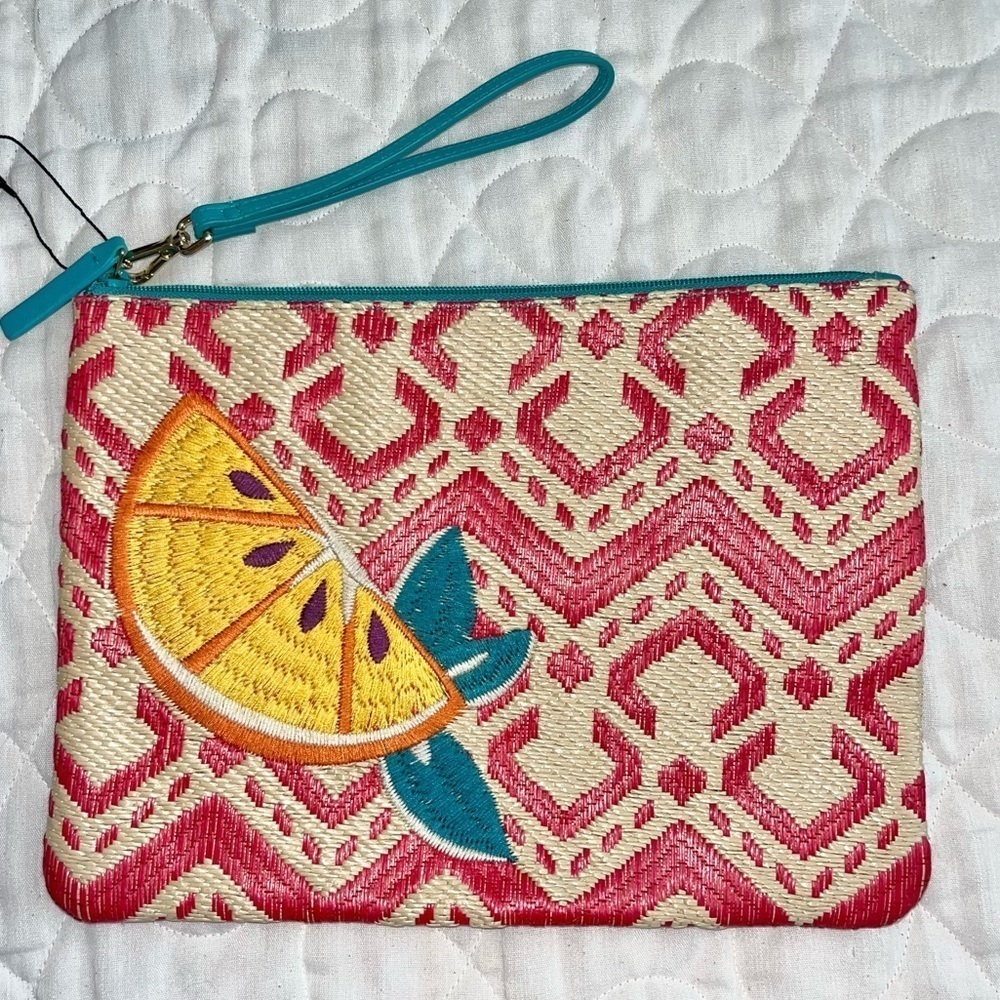 Vera Bradley red patterned clutch bag with lemon, teal trim and strap